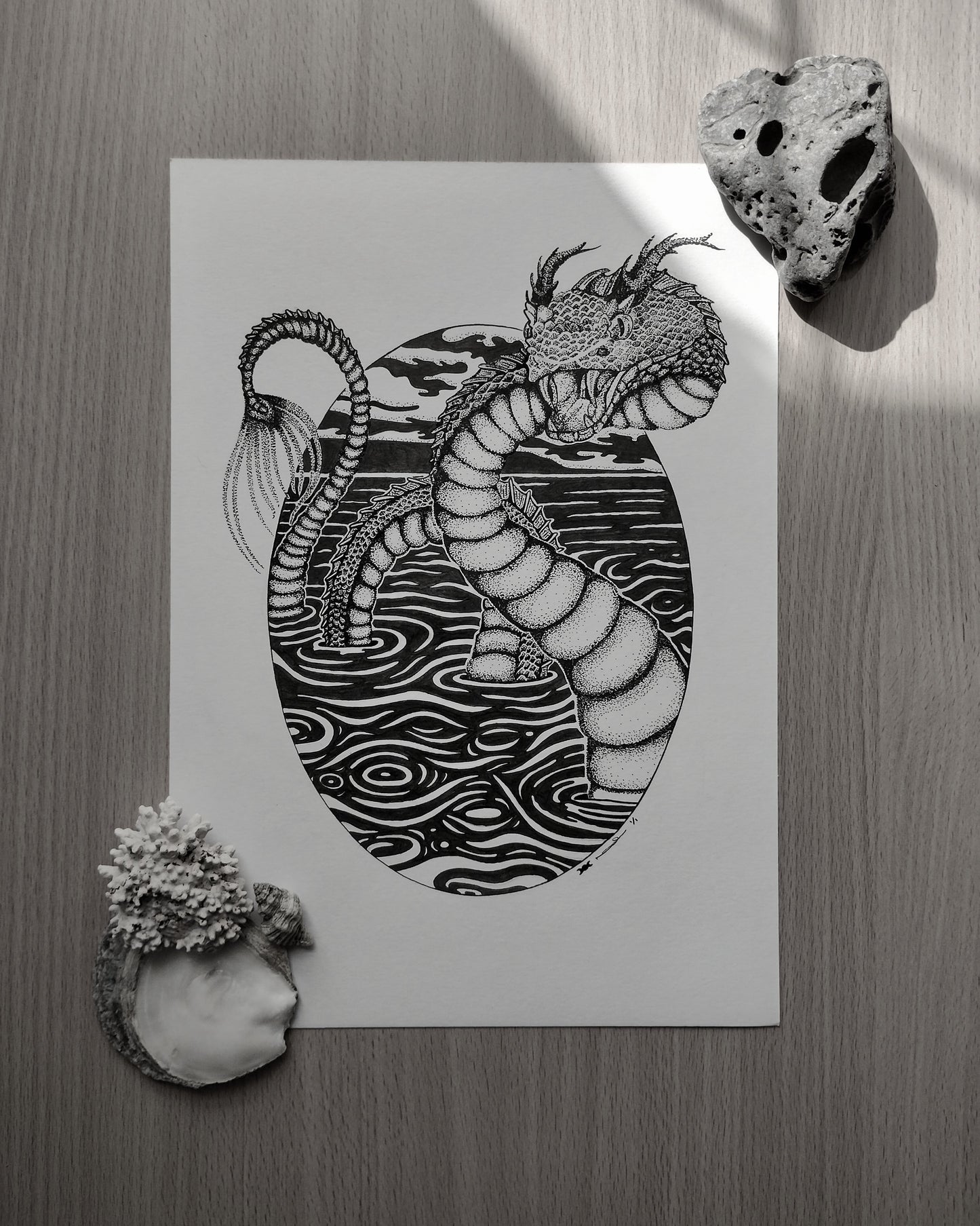 Filey Brigg Dragon, Original Pen and Ink Artwork